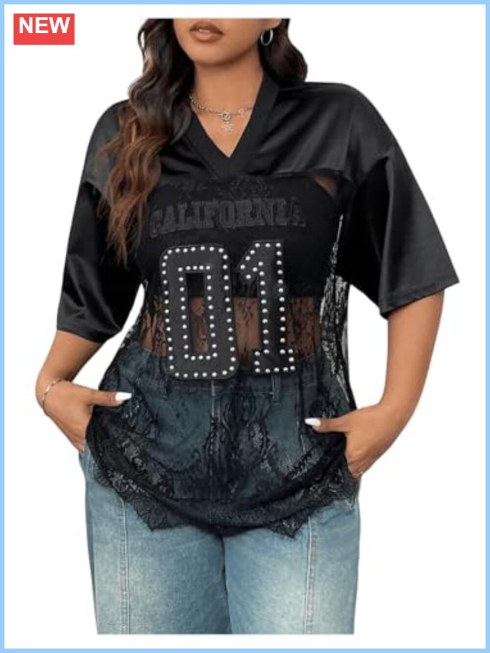 Plus Size Sheer Mesh Jersey Tee Letter Print Lace V Neck Half Sleeve